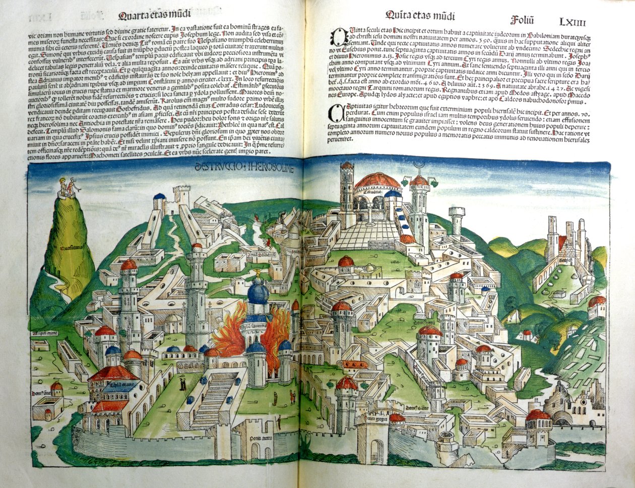 A Titus császár által elpusztított Jeruzsálem fellázadt városa Hartmann Schedel (1440-1514) 1493-ban kinyomtatott Nürnbergi Krónikájából alkotó: Michael and Pleydenwurff, W. Wolgemuth