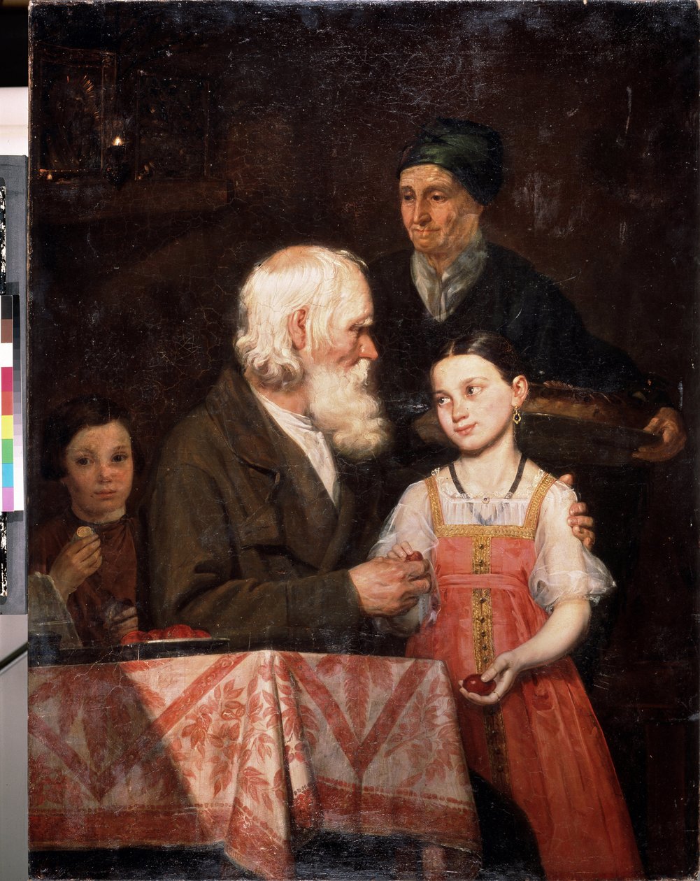 Húsvéti. Egy idős férfi pirosra festett tojást ad az unokájának, a nagymama hagyományos húsvéti brióst hoz. Michail Andreevich Mokhov (1819-1903) festménye, olaj, vászon alkotó: Michail Andreevich Mokhov
