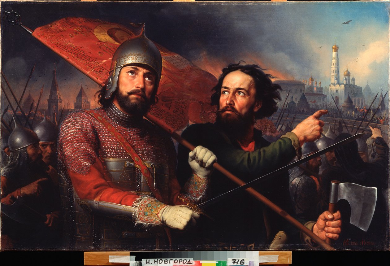 Kuzma (Kuzma vagy Kozma) Minin (meghalt 1616-ban) és Dmitrij Pozharsky (Pozharsky) gróf (1577-1642) nemzeti felkelése (Moszkva felszabadítása a lengyel megszállás alól 1612-ben) - Kuzma Minin és gróf Dmitrij Pozharszkij nemzeti felkelése Festmény alkotó: Michail Ivanovich Skotti