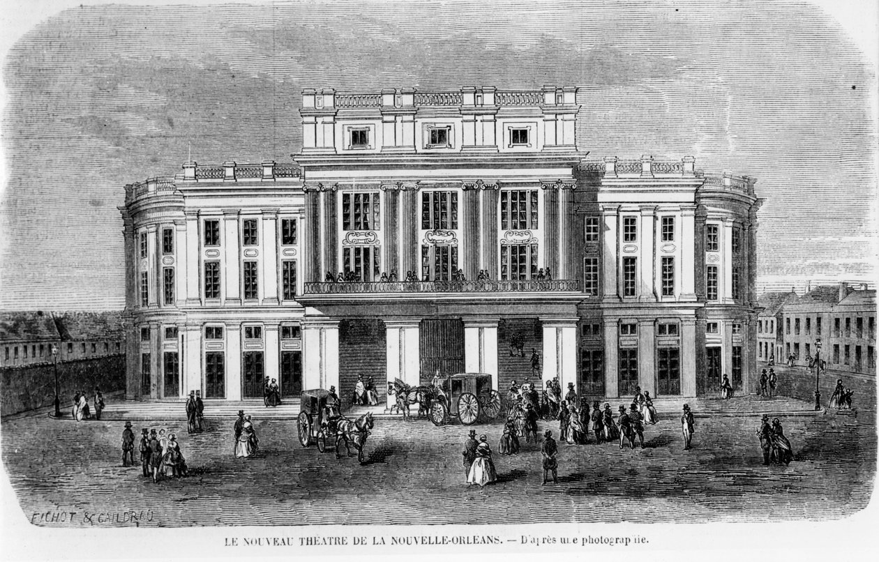 A New Orleans-i Új Színház, egy fénykép után vésve, 1859 alkotó: Michel C. and Gaildrau, Jules Fichot