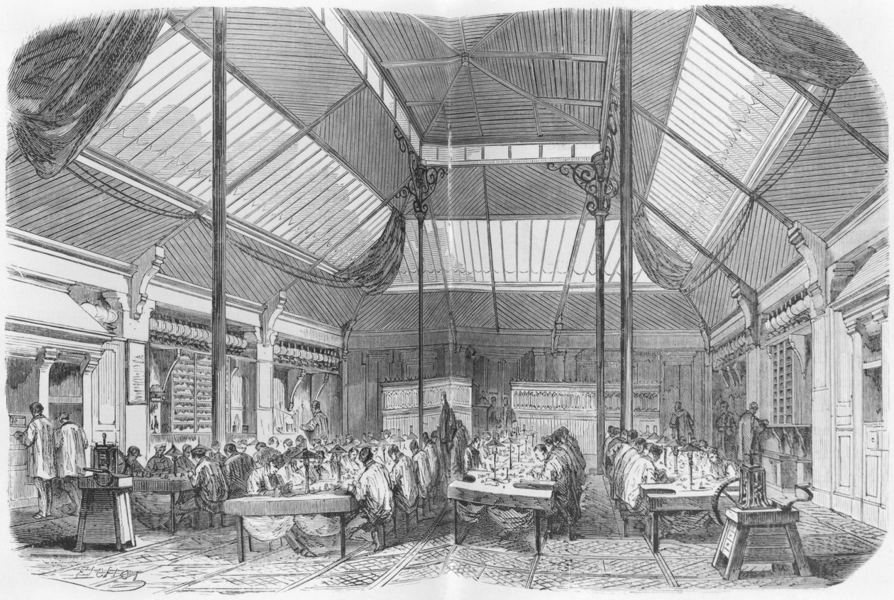 Ékszerműhely a Második Birodalom idején, illusztráció Julien Turgan „Les Grandes Usines” című művéből, 1880 körül alkotó: Charles Fichot