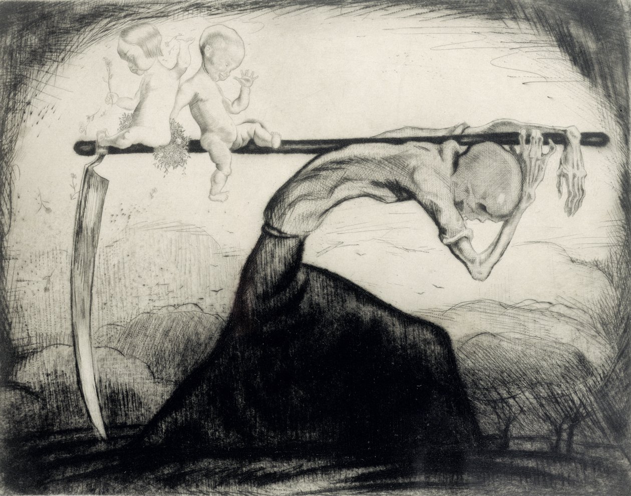 Halál két gyerekkel a kaszáján, 1915 (metszet papírra) alkotó: Michel Fingesten