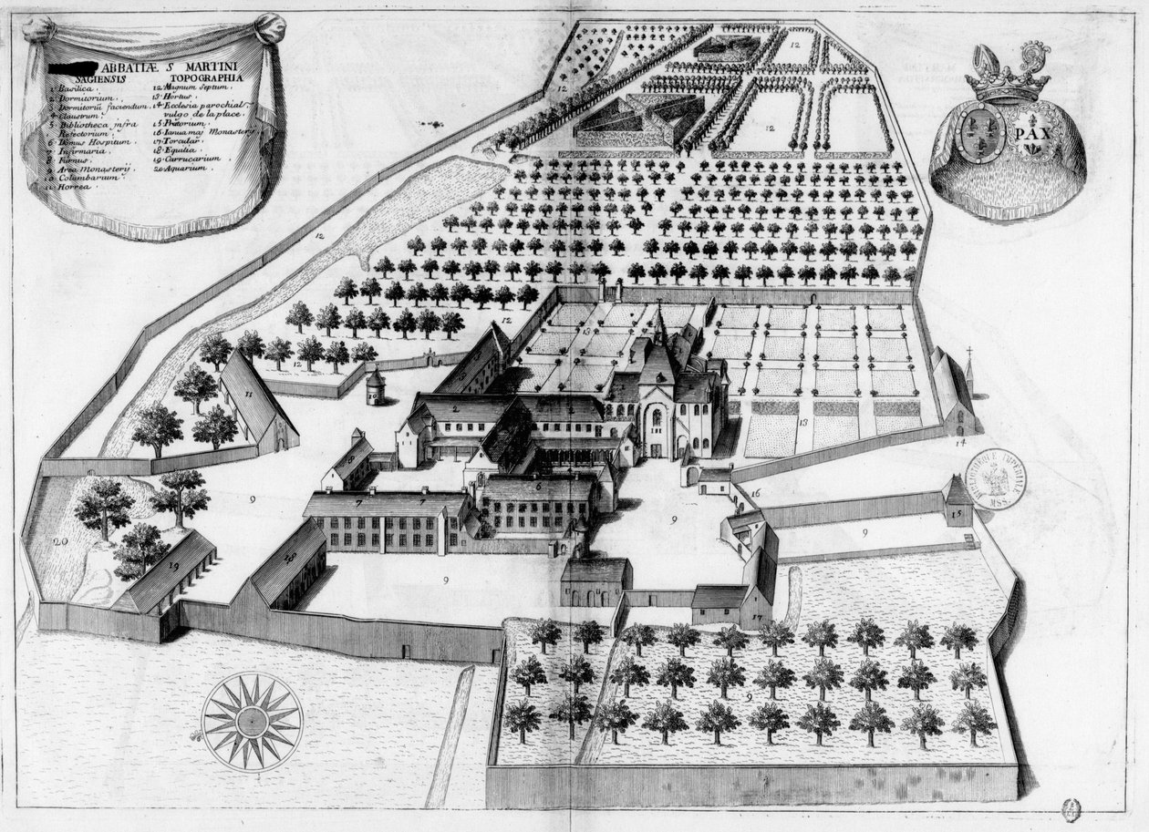 Gravírozott lemez a 17. századi Saint Martin de Sées apátságot ábrázolva, a Monasticon Gallicanum könyvben alkotó: Michel Germain