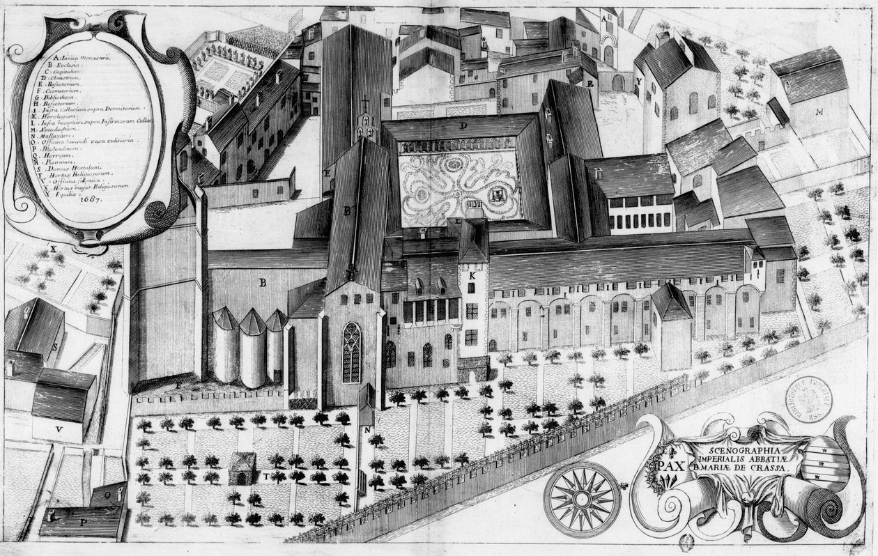 17. századi vésett lemez, amely a franciaországi Sainte-Marie de Lagrasse apátságot ábrázolja a Monasticon Gallicanum könyvből alkotó: Michel Germain
