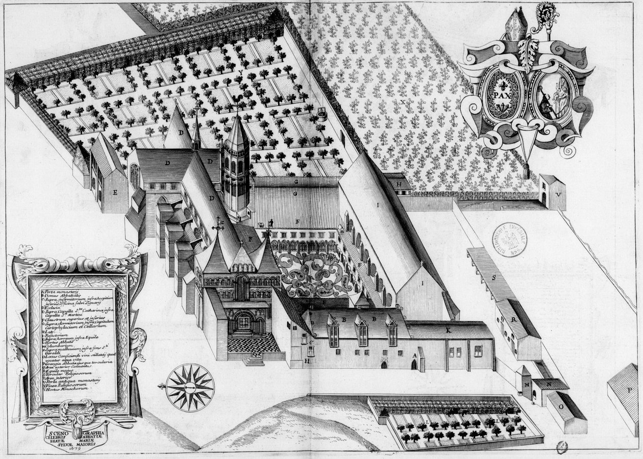A franciaországi La Sauve-Majeure apátságot ábrázoló 17. századi metszett tábla a Monasticon Gallicanum című könyvben. alkotó: Michel Germain