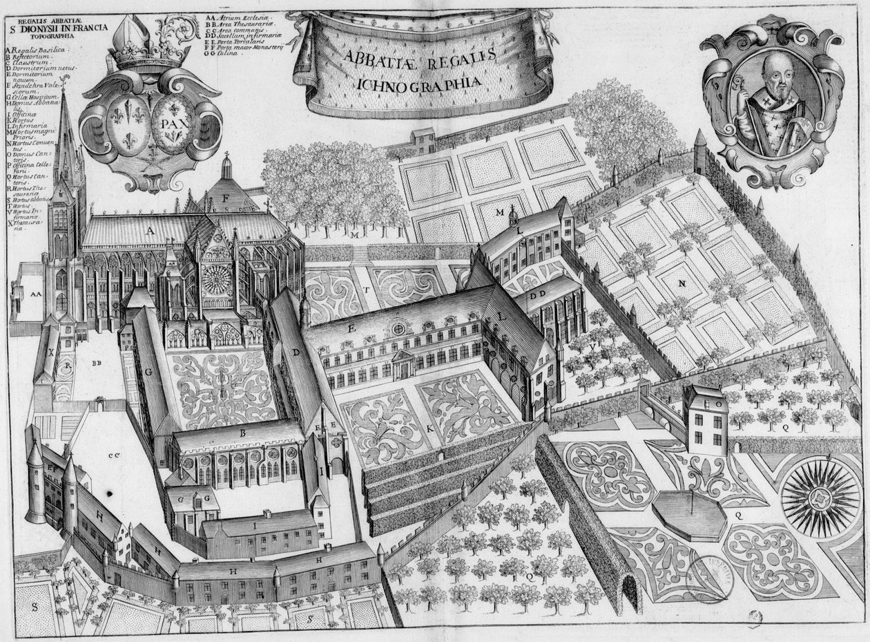17. századi vésett lemez, amely a franciaországi Saint-Denis apátságot ábrázolja, a Monasticon Gallicanum könyvben alkotó: Michel Germain