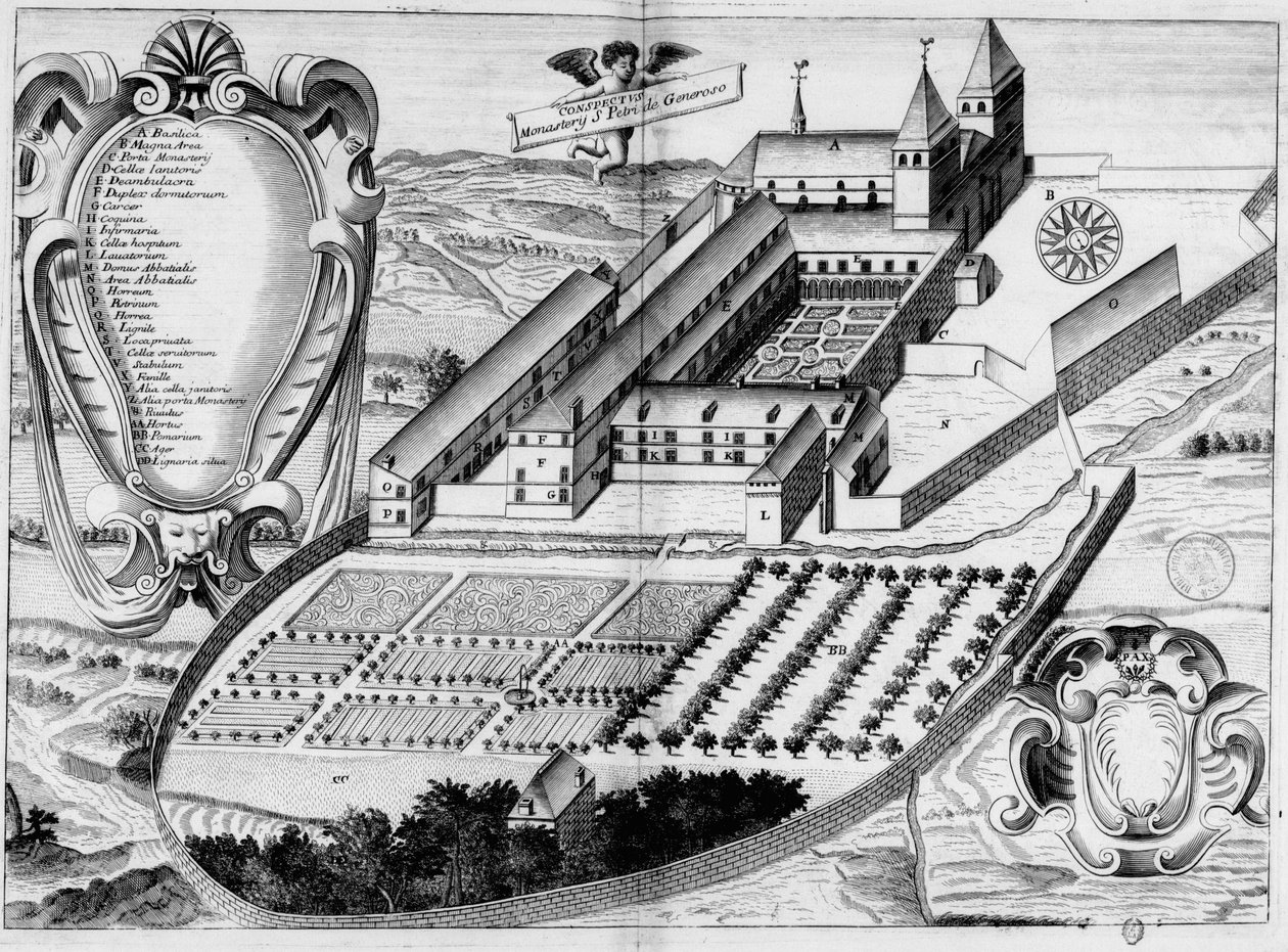 17. századi vésett lemez, amely a Saint-Pé-de-Bigorre-i apátságot ábrázolja, a Monasticon Gallicanum könyvben alkotó: Michel Germain