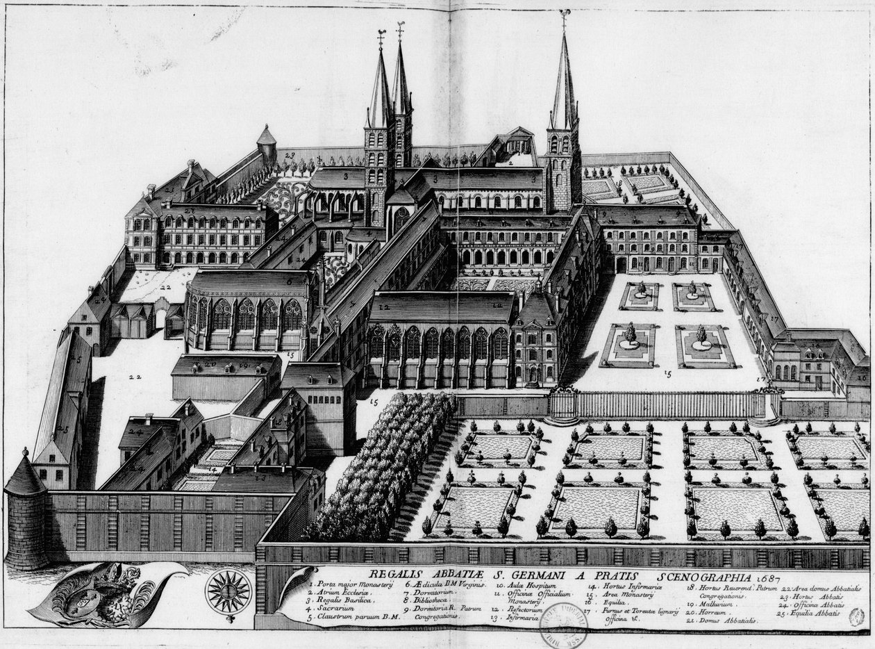 1687 -es tábla, amely a párizsi St. Germain des Prés apátságot mutatja alkotó: Michel Germain