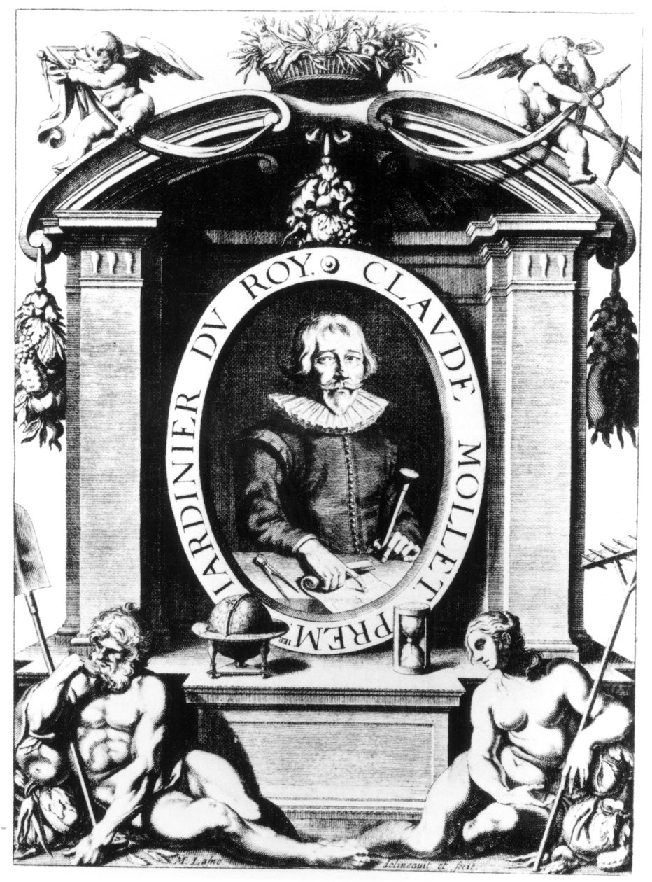 Claude Mollet portréja, a Theater des Plans et Jardinages előlapja, Claude Mollet, kiadva 1652-ben alkotó: Michel Lasne