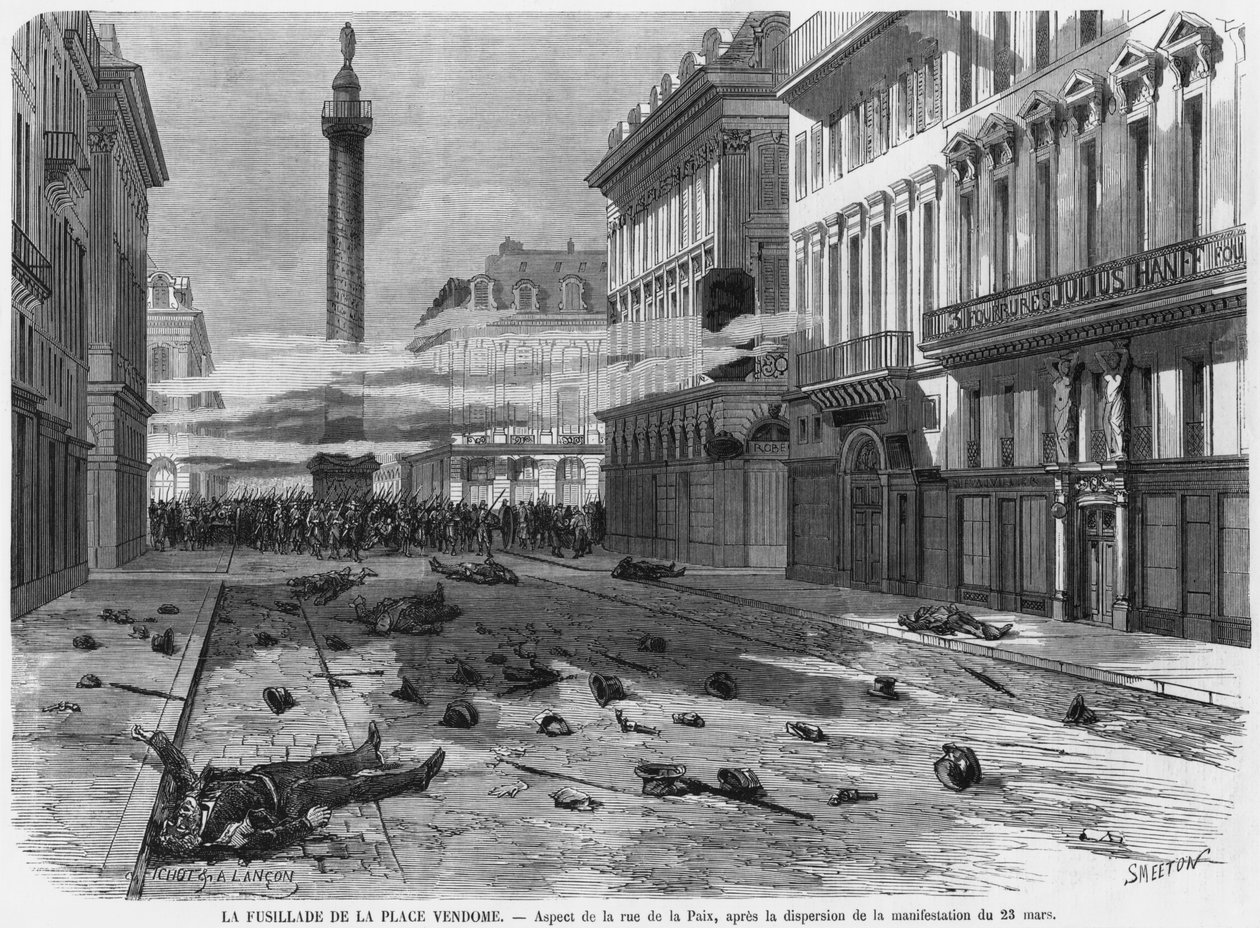 Lövöldözés a Place Vendome-ról, a tüntetés feloszlatása után a rue de la Paix-on, Párizs, metszette Burn Smeeton (1840-60) 1871. március 23. alkotó: Michel and Lancon, Auguste Fichot