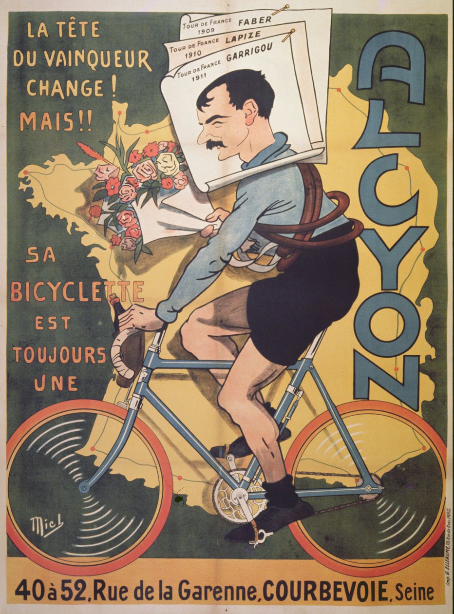 „Alcyon” ciklusokat reklámozó plakát a Tour de France Faber (1909), Lapize (1910), Garrigou (1911) 1911 győzteseivel alkotó: Michel Liebeaux