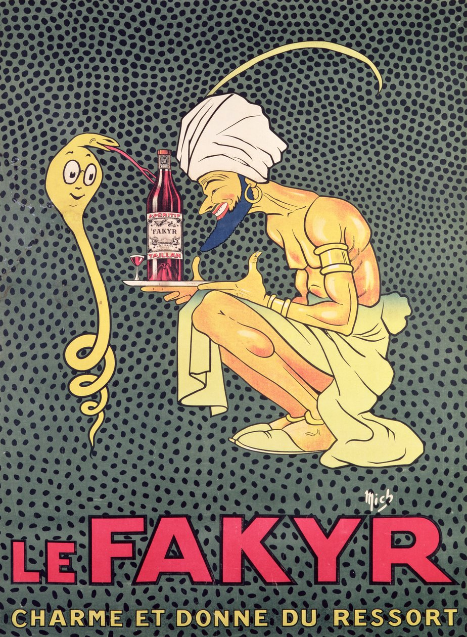 A Fakyr: bűbájos és szellemidéző, a "Fakyr" aperitif reklámja (kézzel színezett metszet) alkotó: Michel Liebeaux