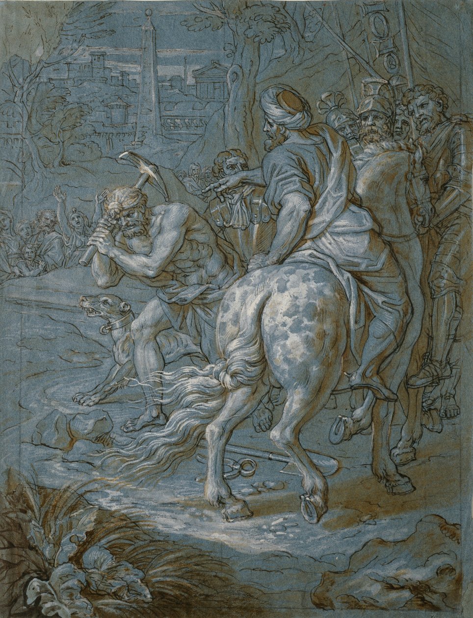 A kereszt felállításához szükséges alapkőletétel, 1680 körül (toll és barna tinta, mosás és gouache, papír) alkotó: Michel des Gobelins Corneille