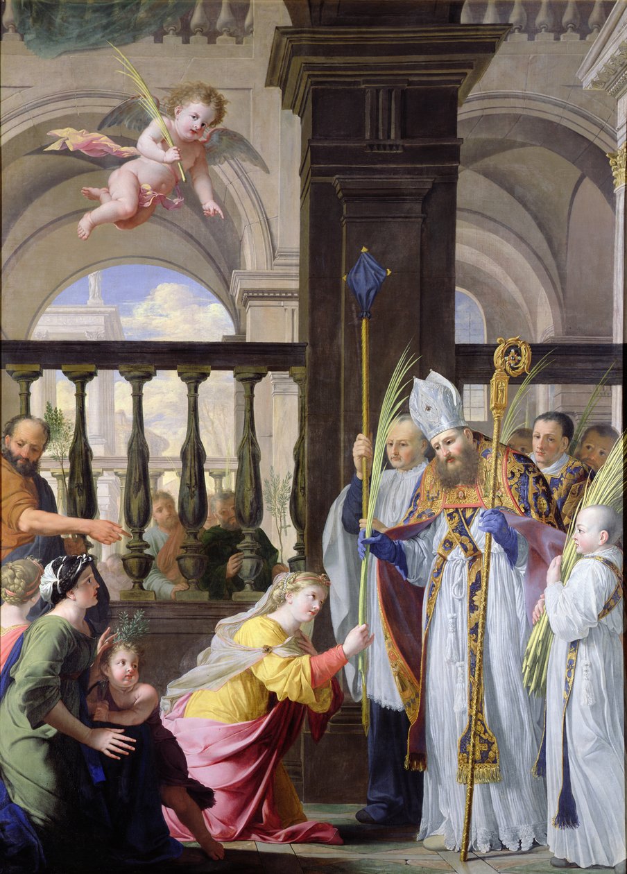 Szent Genevieve Pálma átvétele St. Medardtól virágvasárnap alkotó: Michel des Gobelins Corneille
