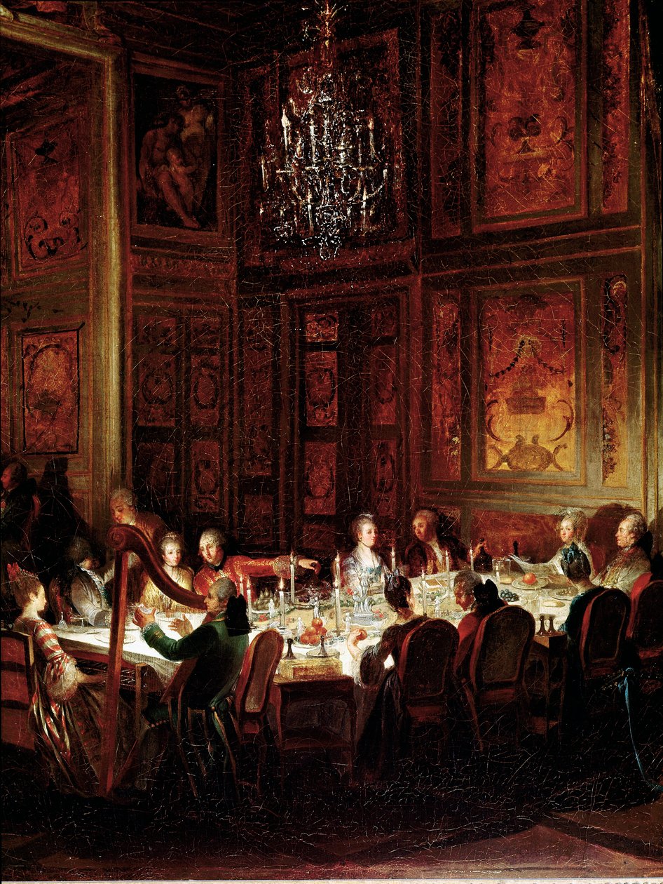 Louis Francois de Conti herceg vacsorája, a Templom Palotája”” Részlet. Michel Barthelemy Ollivier (1712-1784) festménye 1766 V. 0,56x0,71 Versailles, musee du chateau alkotó: Michel Barthelemy Ollivier or Olivier