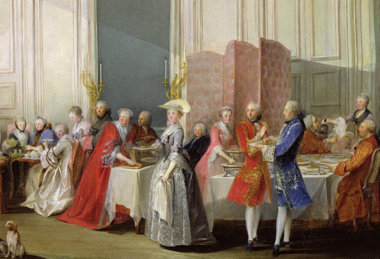 Angol tea a Salon des Quatre Glacesben a Conti herceg házában (1717-76) Palais du Temple, részlet a vendégekről, 1766 alkotó: Michel Barthelemy Ollivier or Olivier
