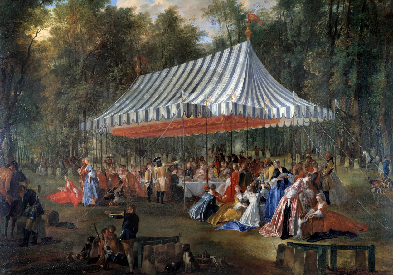 Ünnepet adott Louis Francois Joseph de Bourbon, Conti hercege Charles Guillaume Ferdinánd Brunswick Luebourg örökös hercegének (1735-1806) a sátor alatt, a cassani erdőben, az Ádám-szigeten 1766-ban Bankett a parkban. Michel Ba festménye alkotó: Michel Barthelemy Ollivier or Olivier
