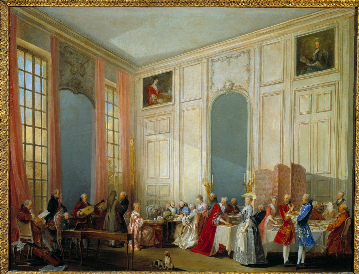 Le Az angol a Salon des Quatre Glacesben (Négy Glaces) szolgált a párizsi Palais du Temple-ben 1764-ben A fiatal Wolfgang Amadeus Mozart (1756-1791) a csembalónál ül a bal oldalon, az egész udvar jelenlétében. a conti hercegé. alkotó: Michel Barthelemy Ollivier or Olivier