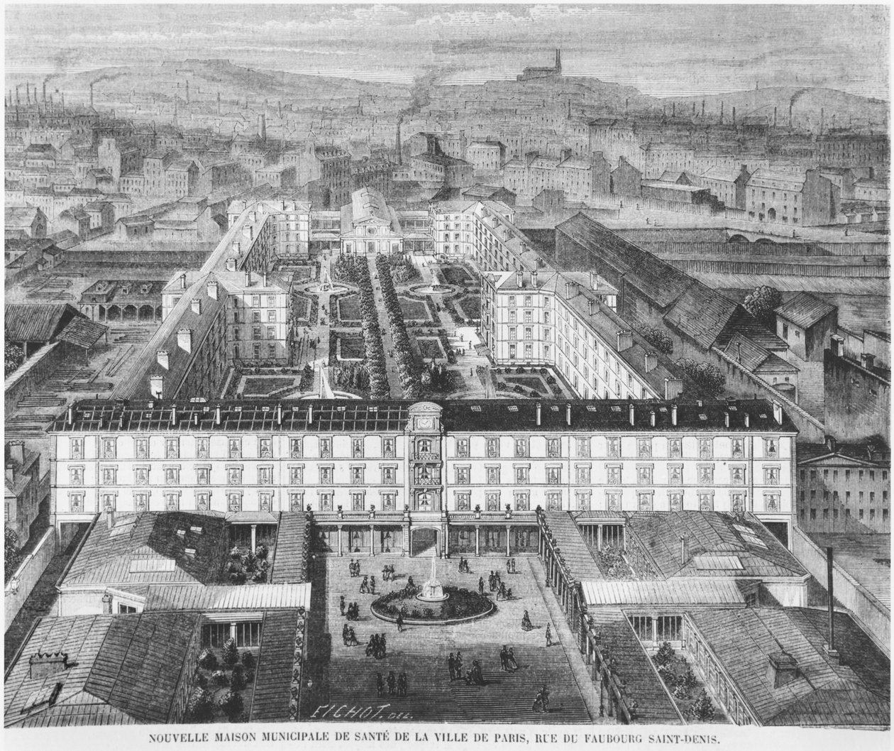 A jelenlegi Hopital Fernand Widal, Párizs, illusztráció a „Le Monde Illustre”-ből, 1867 alkotó: Michel Charles Fichot