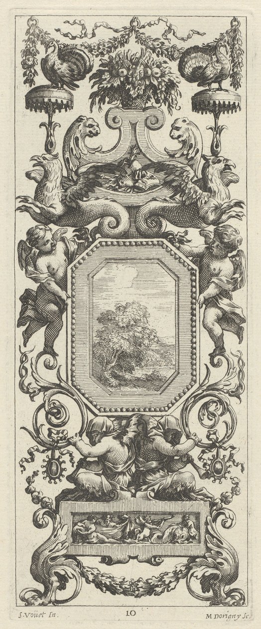Dísztábla virágkosárral és füzérrel alkotó: Michel Dorigny, after Simon Vouet