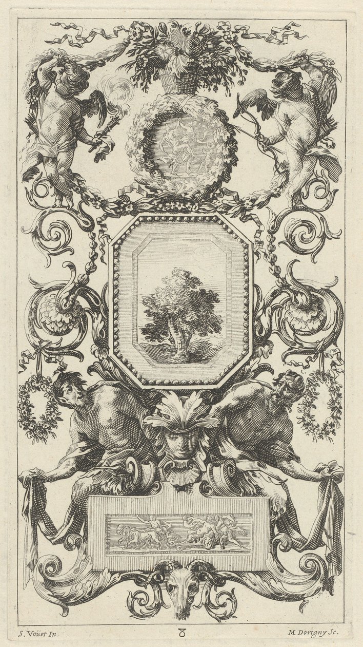 Díszítő tábla virágkosárral, Ámorral és Szűzhártyával alkotó: Michel Dorigny, after Simon Vouet