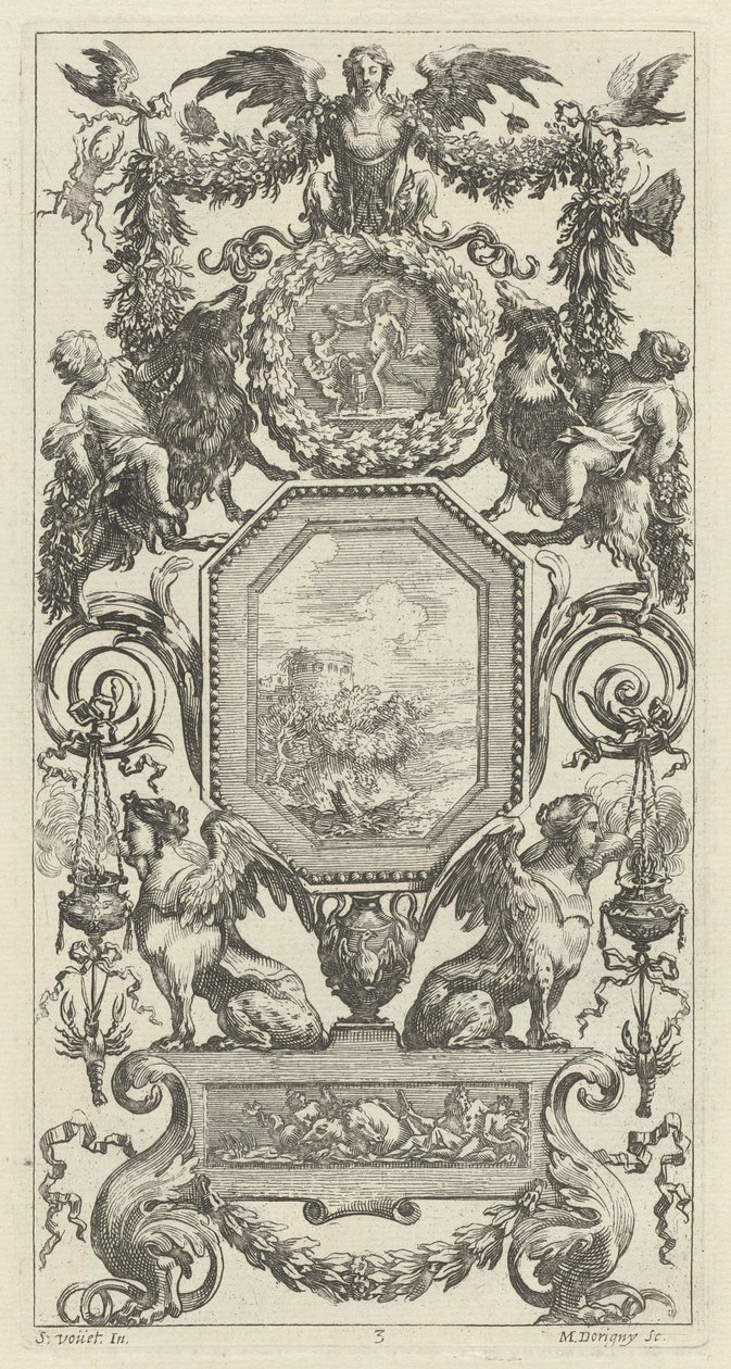 Dísztábla felül egy szárnyas hárpia alkotó: Michel Dorigny, after Simon Vouet