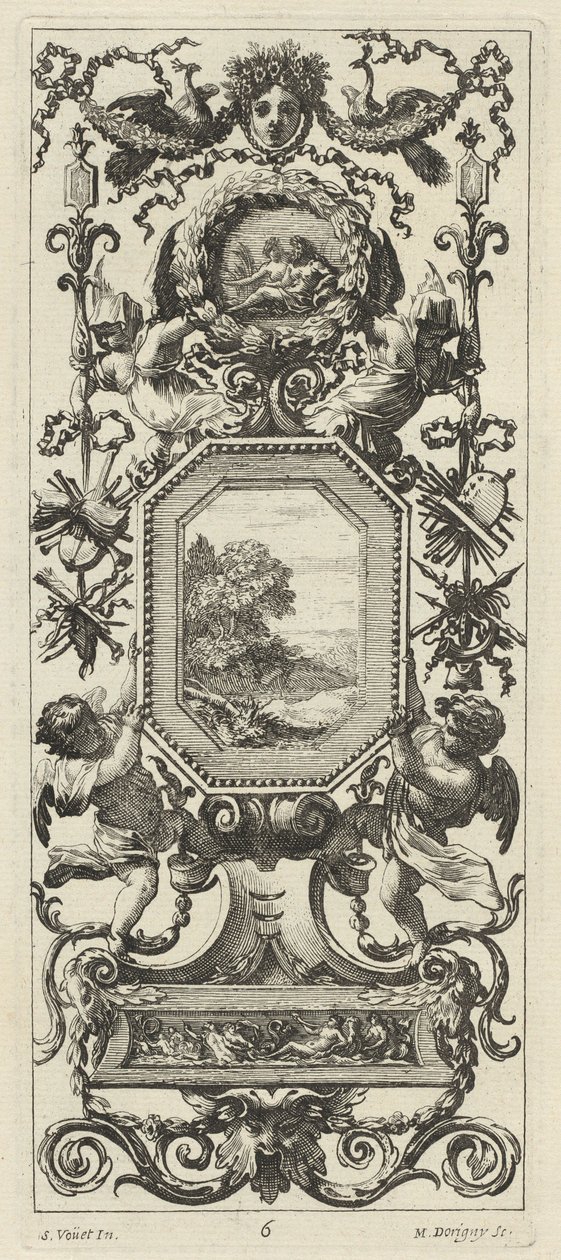 Dísztábla egy nő koronás fejével és két pávaval alkotó: Michel Dorigny, after Simon Vouet