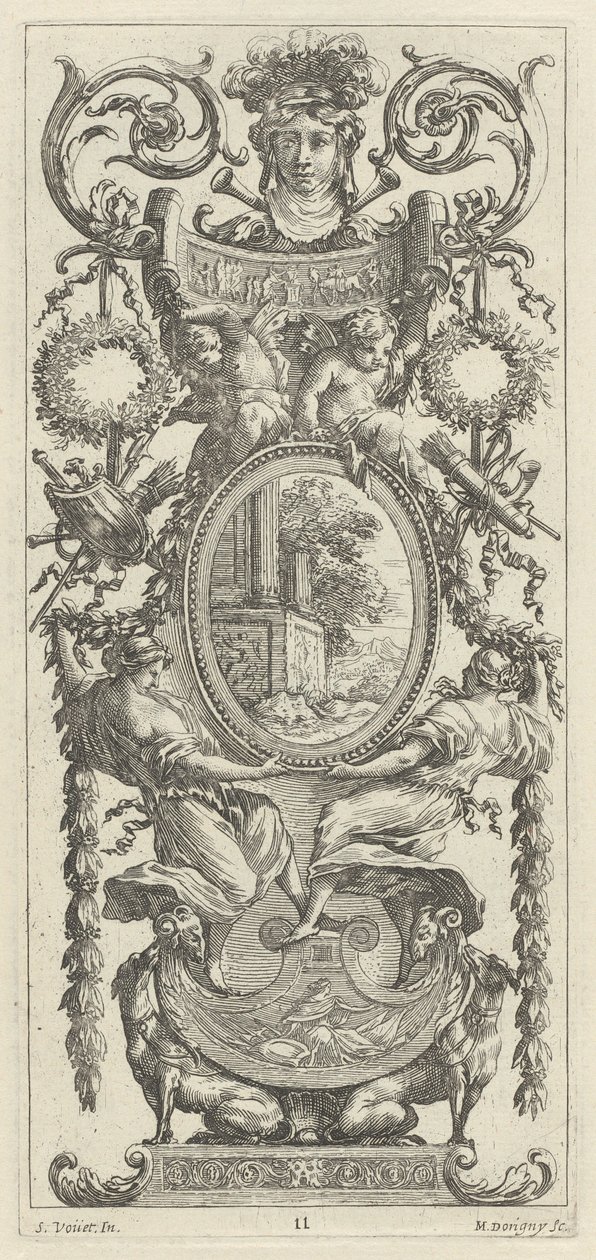Dísztábla felül lombozattal körülvett fejjel alkotó: Michel Dorigny, after Simon Vouet