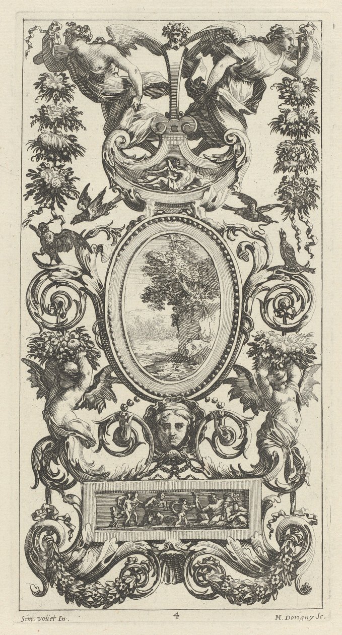 Dísztábla serpenyővel és két füzért viselő nővel alkotó: Michel Dorigny, after Simon Vouet