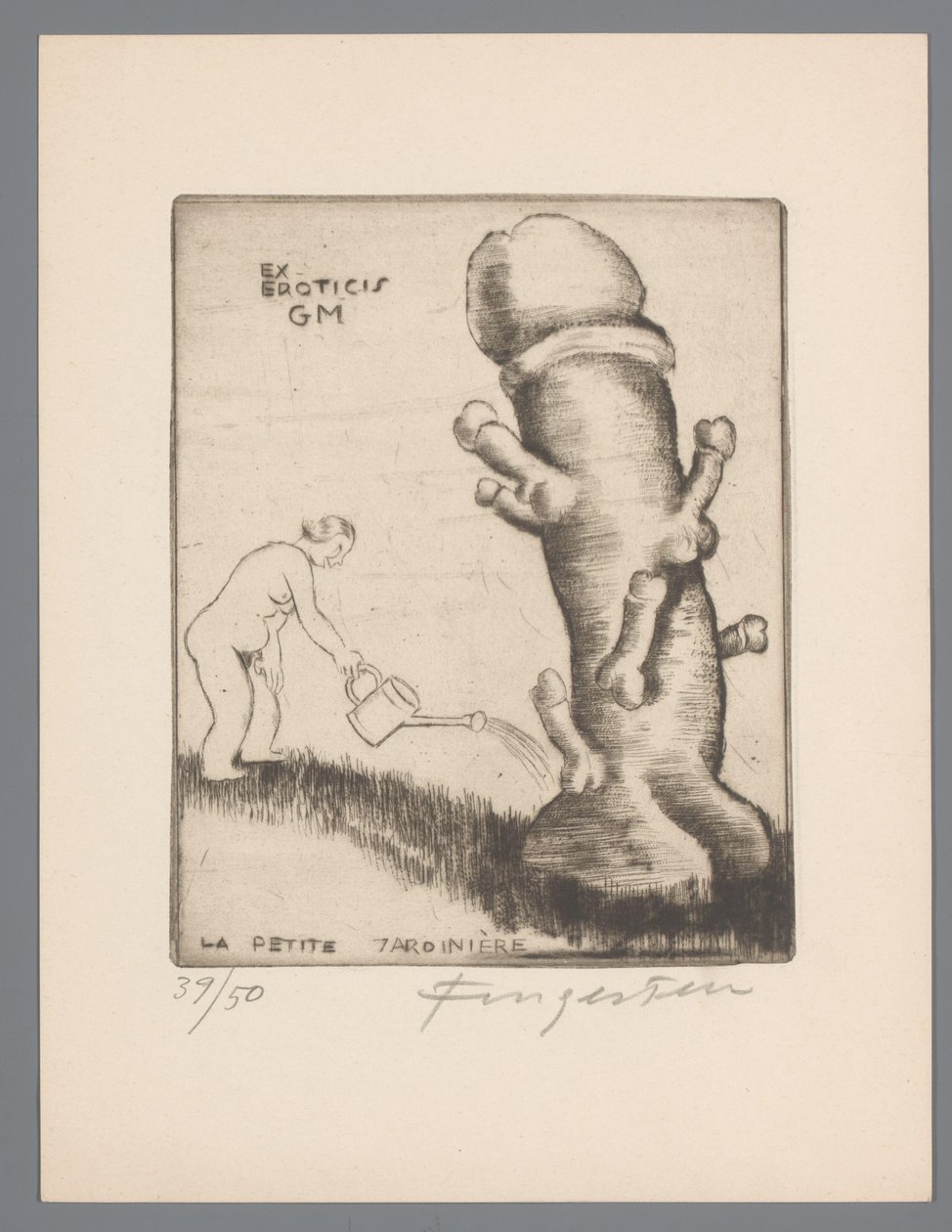 Gianni Mantero ex librise Ex eroticis GM (cím a tárgyon) La petite jardinière (cím a tárgyon) alkotó: Michel Fingesten (signed by artist)