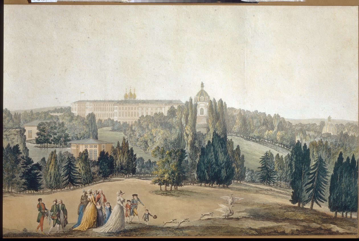 Kilátás a Tsarkoye Selo-ra (Szentpétervár). II. Katalin császárné (1729-1796) sétánya. (Csarkoye Selo látképe. II. Katalin császárné sétál). Michel Francois Damam Demartrait (1763-1827) alkotása, metszet és akvarell. francia művészet alkotó: Michel Francois Damam-Demartrait