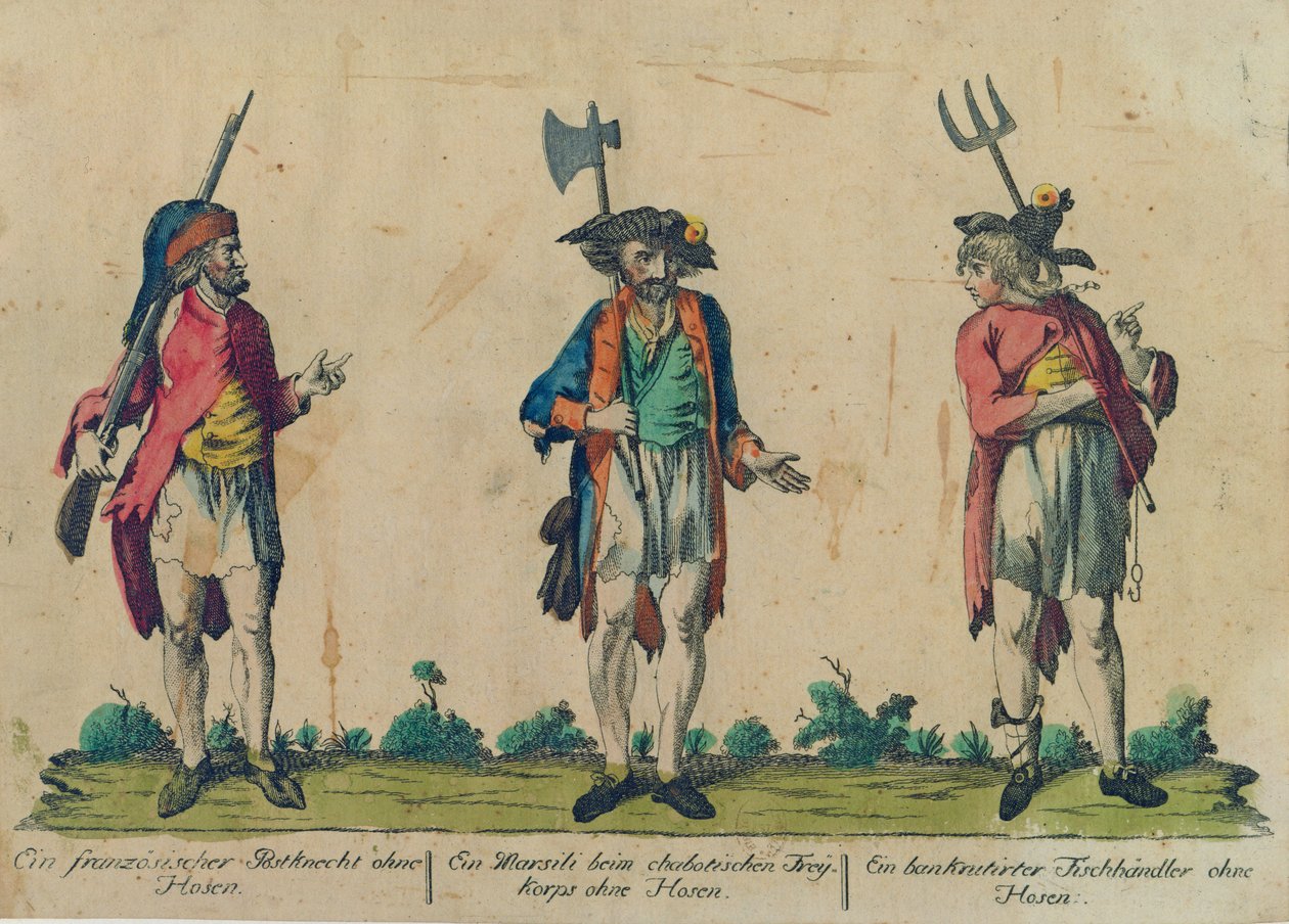 Egy francia postaszolga nadrág nélkül, egy Marsili a Freikorpsban nadrág nélkül és egy Bankrutirter halkereskedő nadrág nélkül, 1793 (színes rézkarc) alkotó: Michel Hennin