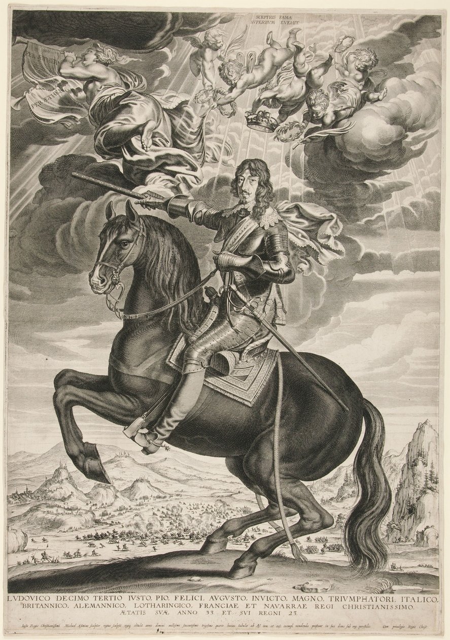 XIII. Lajos (Bourbon) (1601-1603) lovas portréja 33 éves korában. A táj Callot nyomán készült alkotó: Michel Lasne