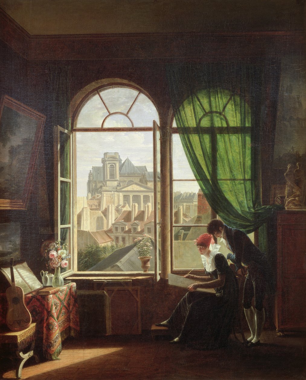 Kilátás a Saint-Eustache-templomra a Rue Platriere-en lévő házból vagy a Művész belseje, 1810 körül alkotó: Michel Martin Drolling