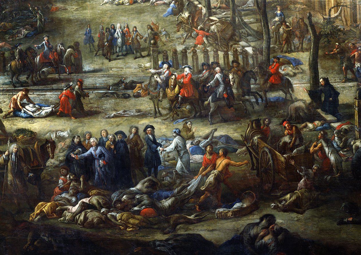 Kilátás a Cours Belsunce-ról, Marseilles, az 1720-as pestisjárvány idején, Belsunce bíborosát ábrázoló részlet pestisáldozatok holttesteivel alkotó: Michel Serre