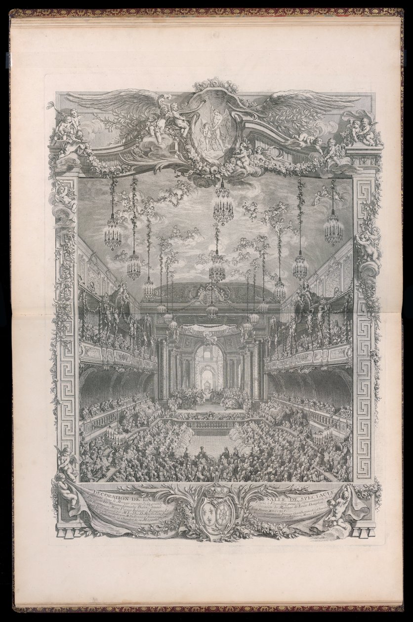 A versailles-i nagy istálló fedett lovardájában épült nézőtér dekorációja a Navarrai Hercegnő Comedy Ballet előadására, amelyet a francia Louis Dauphin és Marie Thérèse Infante d házassága alkalmából adtak. alkotó: Michel de Bonneval