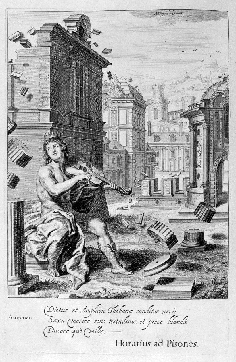 Amphion hegedűje zenéjére építi Théba falait, 1655 alkotó: Michel de Marolles