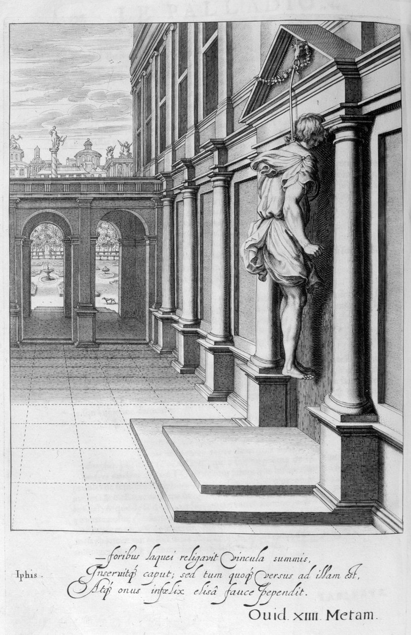 Iphis kétségbeesetten felakasztja magát, amiért nem tudta megszerezni Anaxarete-t, 1655 alkotó: Michel de Marolles