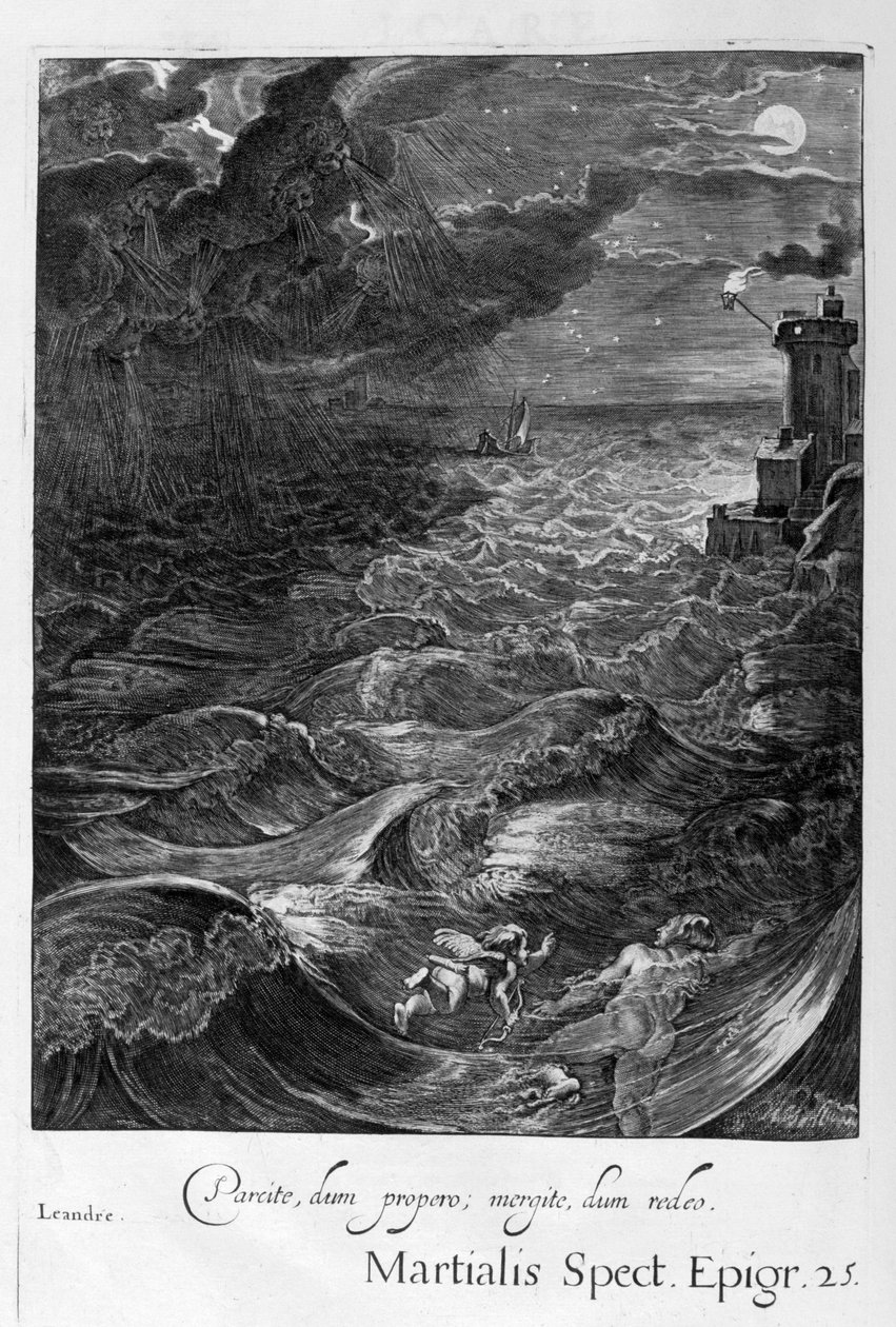 Leander átúszik a Hellesponton, hogy találkozzon hősnőjével, 1655 alkotó: Michel de Marolles