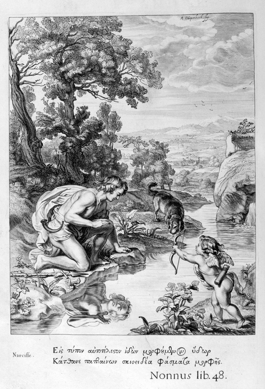 Nárcisz szerelmes saját tükörképébe, 1655 alkotó: Michel de Marolles