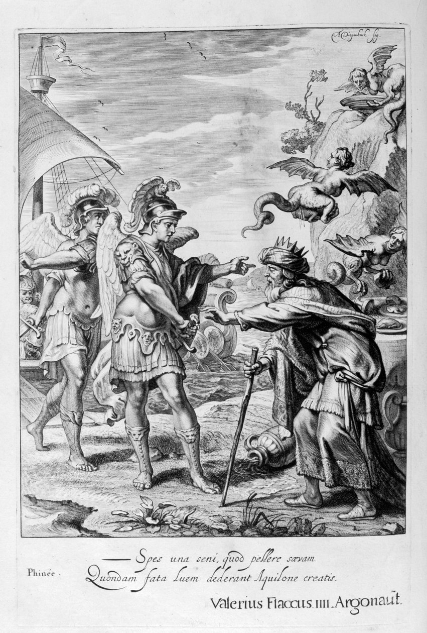 Phineust a hárpiák közül Calais és Zethes szállítja ki, 1655 alkotó: Michel de Marolles
