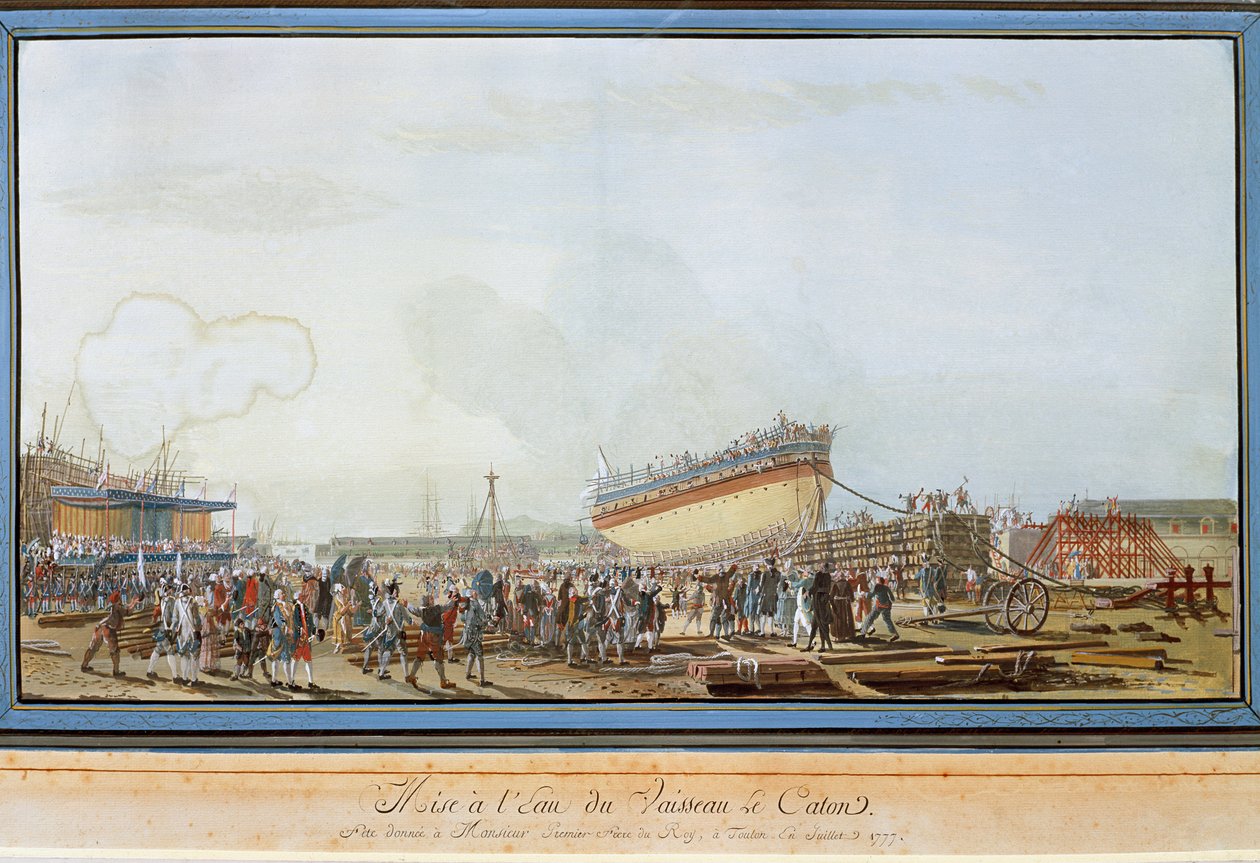 A Le Caton hajó vízre bocsátása Toulon kikötőjében Provence grófja jelenlétében 1777 júliusában (Gouache alkotó: Michel de Toulon