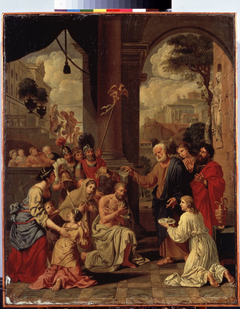 "Le bapteme du centurion Corneille" (százados Kornéliusz megkeresztelkedése) Corneille római századost Péter kereszteli meg. Michel Corneille (1642-1708) festménye. 17. századi méret 88x70 cm Ermitázs Múzeum, Szentpétervár alkotó: Michel des Gobelins Corneille