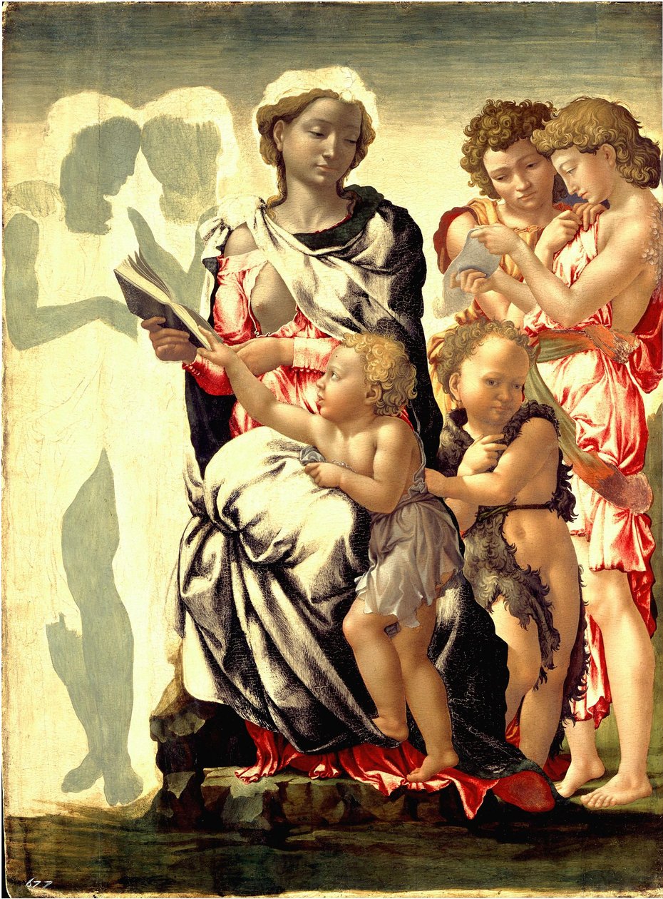 Szűz és gyermek Szent Jánossal és angyalokkal (The Manchester Madonna) alkotó: Michelangelo Buonarroti