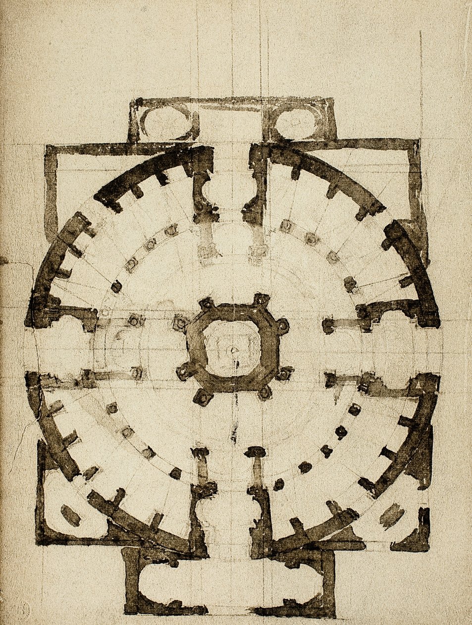 Egy templom tervének építészeti projektje; Michelangelo rajza. Casa Buonarroti, Firenze alkotó: Michelangelo Buonarroti