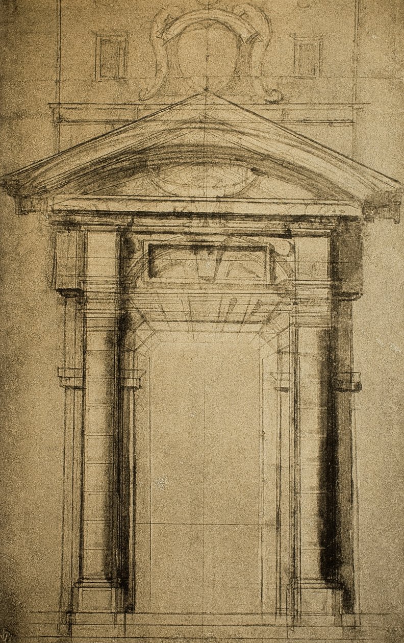 Egy címerrel díszített ajtó építészeti vázlata; Michelangelo rajza. Casa Buonarroti, Firenze alkotó: Michelangelo Buonarroti