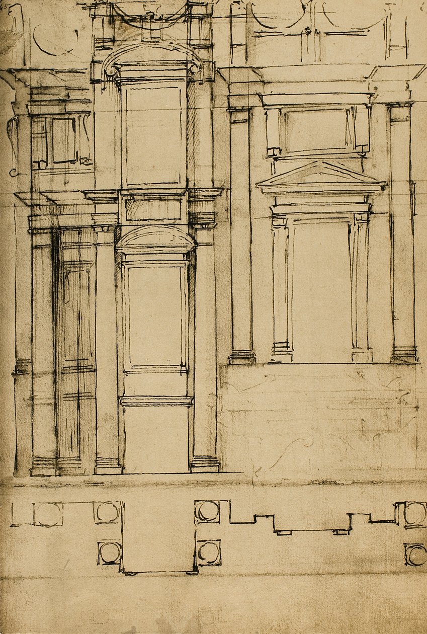 Építészeti tanulmány a San Lorenzo-bazilikában lévő Medici-kápolnákhoz; Michelangelo rajza. Casa Buonarroti, Firenze alkotó: Michelangelo Buonarroti