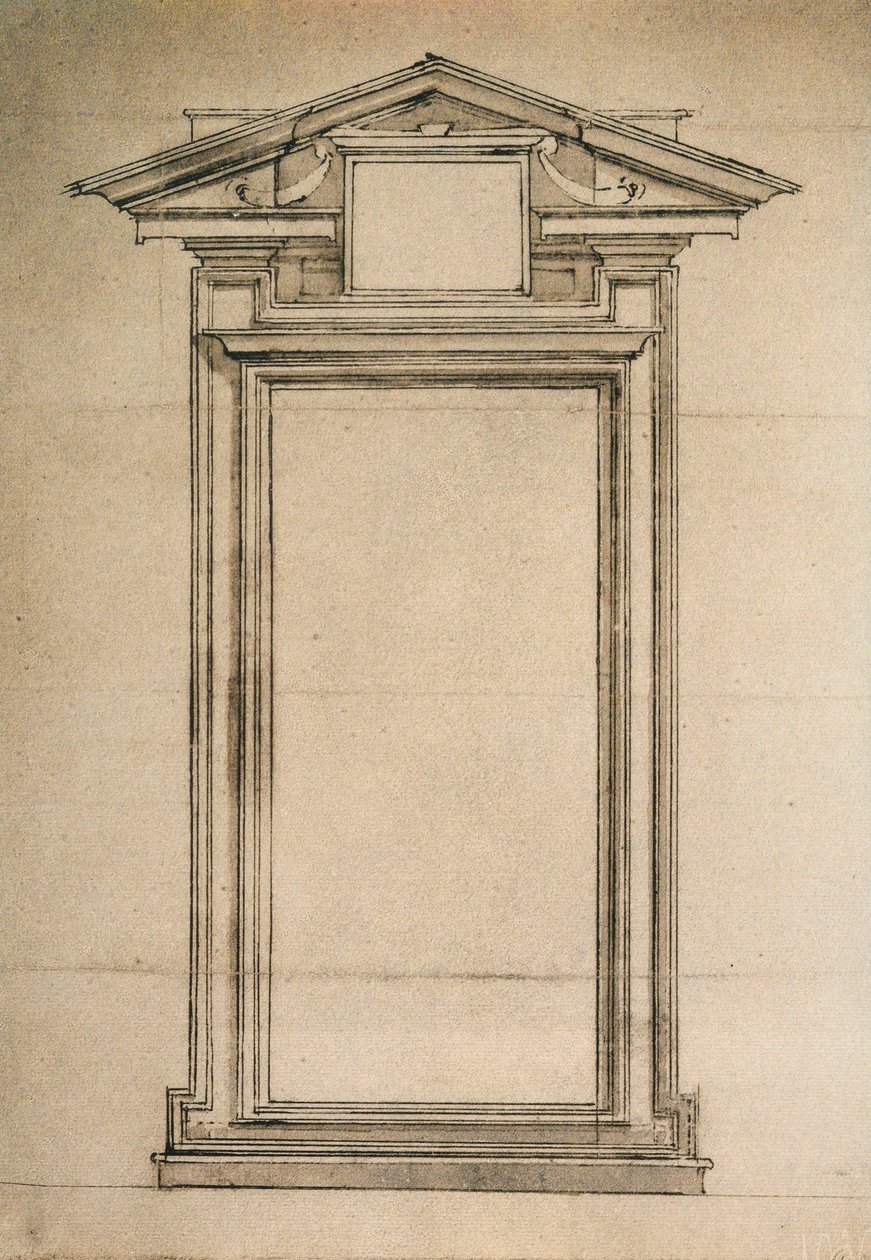 A Biblioteca Laurenziana ajtajának építészeti tanulmánya; Michelangelo rajza. Casa Buonarroti, Firenze alkotó: Michelangelo Buonarroti