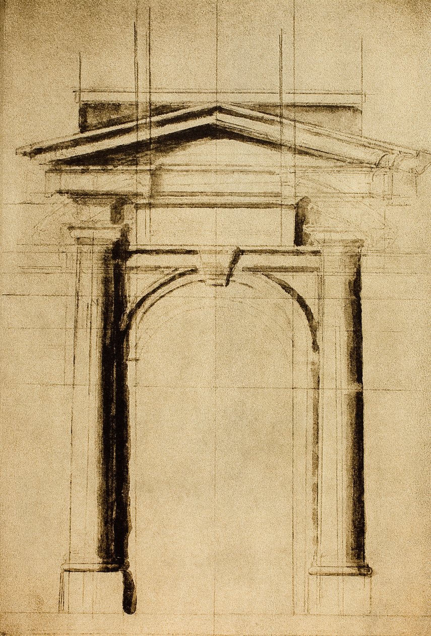 Háromszög alakú timpanonos ajtó építészeti tanulmányozása; Michelangelo rajza. Casa Buonarroti, Firenze alkotó: Michelangelo Buonarroti