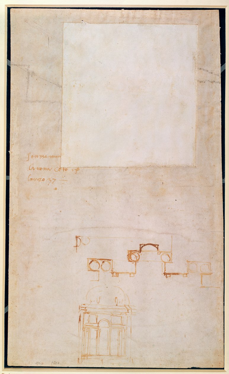 Építészeti tanulmány jegyzetekkel (barna toll papíron) (rekto) alkotó: Michelangelo Buonarroti